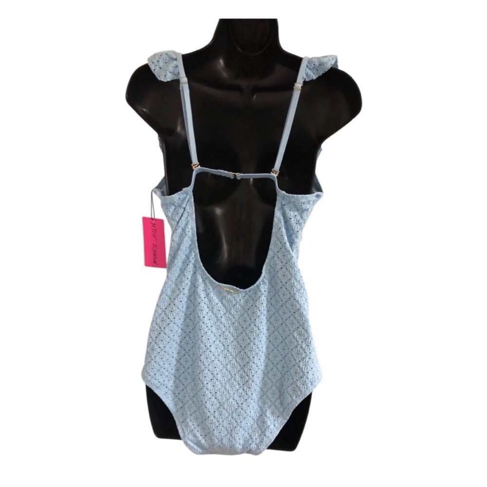 Betsey Johnson Clear sky blue 1piece Ruffle strap eyelet Swimsuit size large new - Picture 11 of 15
